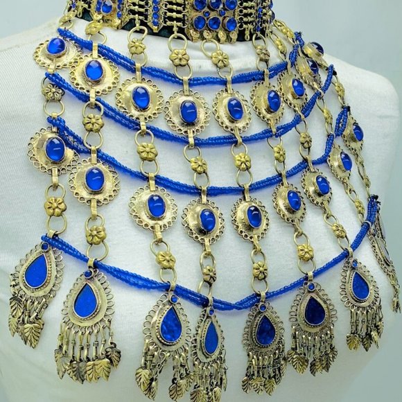 Blue Stones Necklace, Unique Oversized Necklace, Handmade Tribal Kuchi Boho - Picture 7 of 13